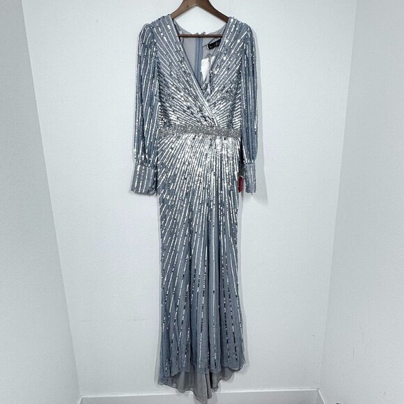 Mac Duggal Silver Sequin Long Sleeve V Neck Elegant Evening Gown Black Tie 10 - Picture 1 of 14